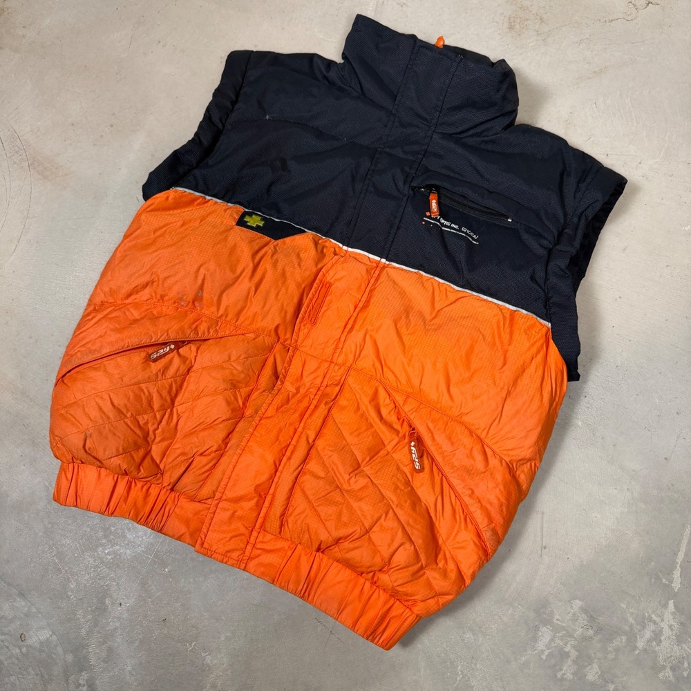 Spy Optic Puffer Vest Mens Medium Orange Black Colorblock Technical Gorpcore